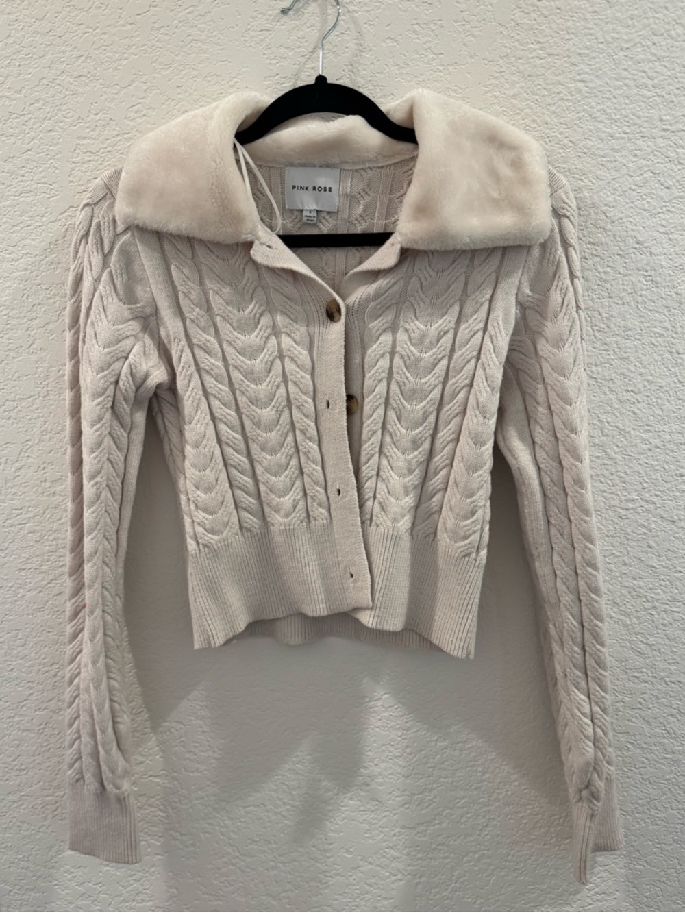Pink Rose Ivory Cable-Knit Cardigan with Faux Fur Collar